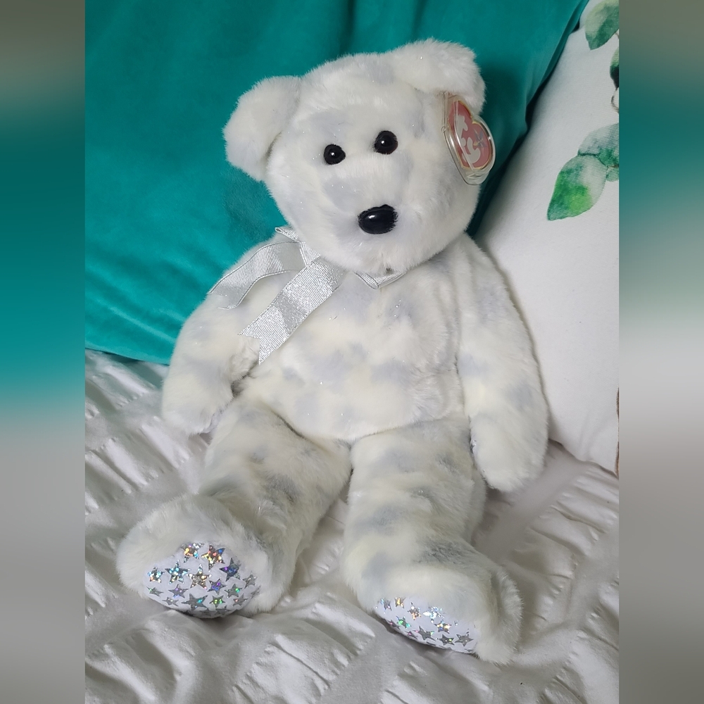 The Beginning Bear White Plush with Sparkling Ribbon and Star Beanie Buddy